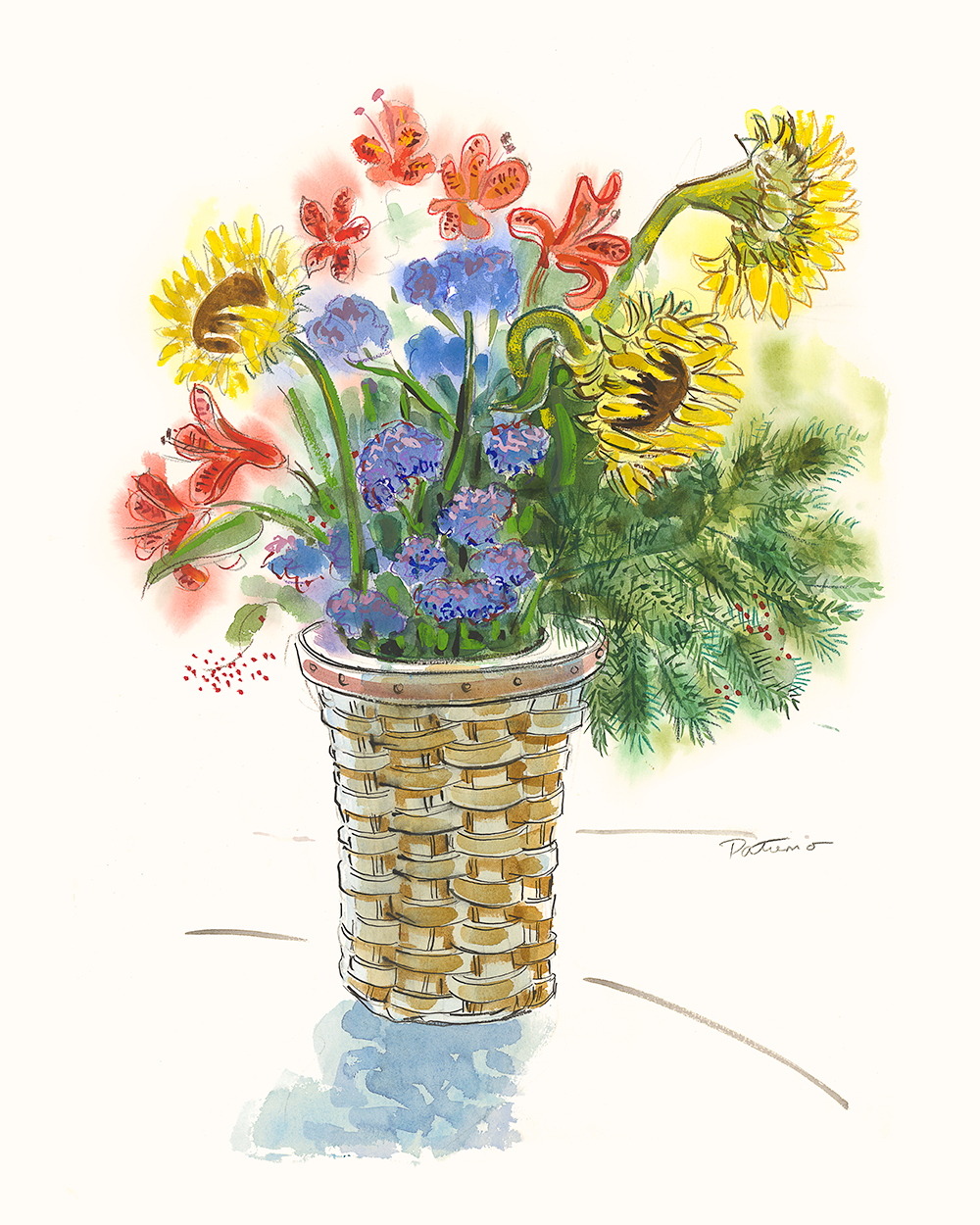 Sunflower Basket watercolor 22 x 30