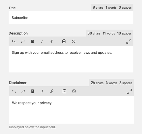 Newsletter Block Settings - Title, Description and Disclaimer