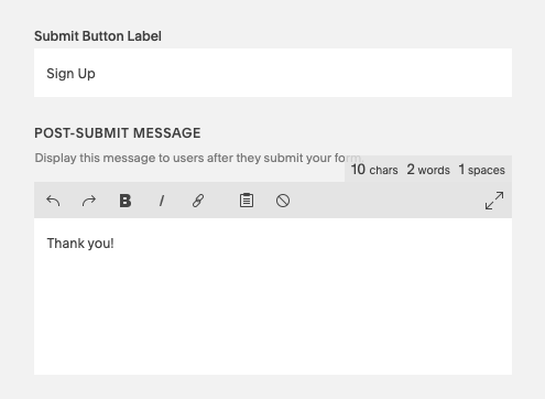 Advanced Settings including Submit Button Label and Post-Submit Message