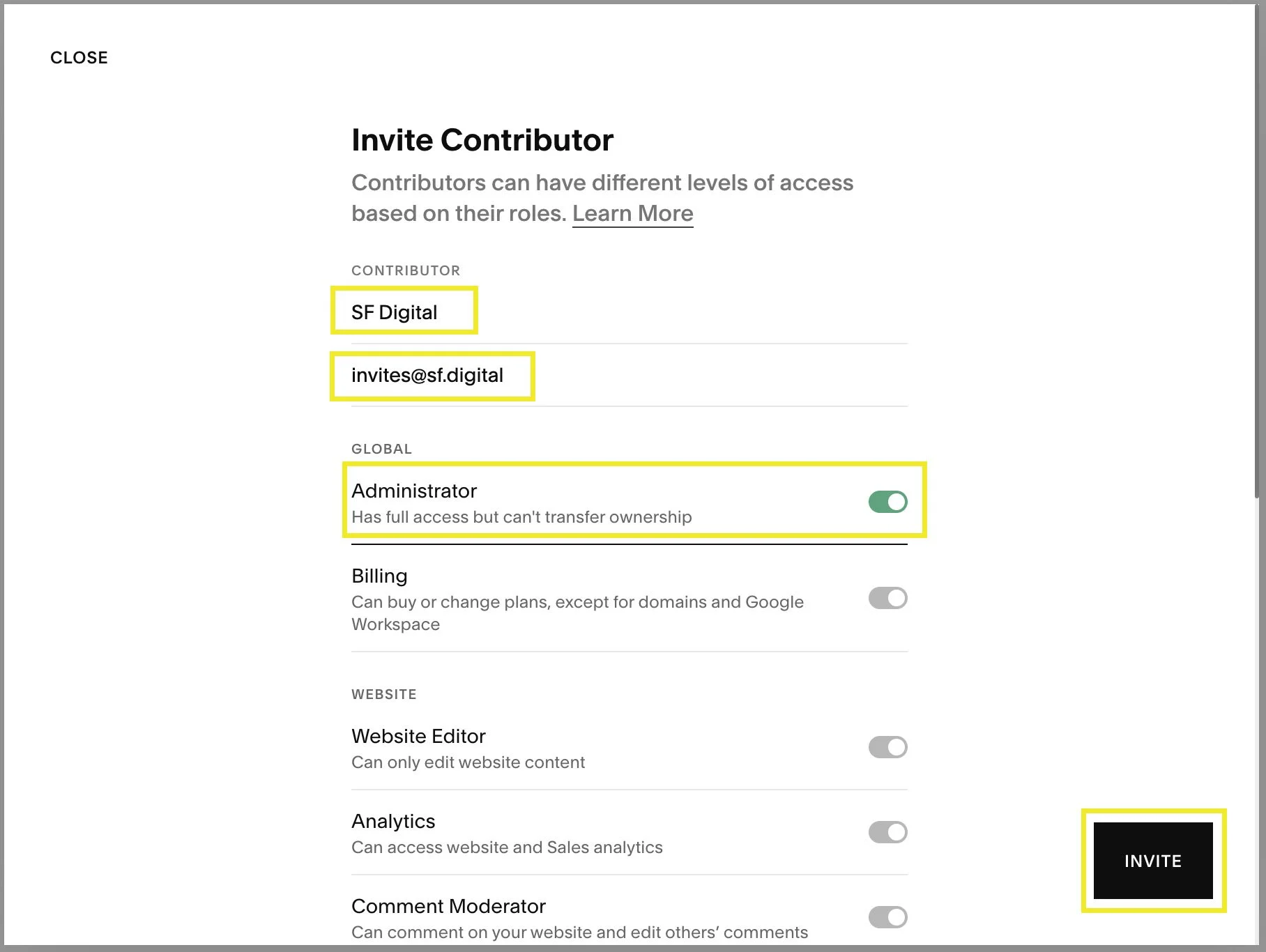 the invite contributor window