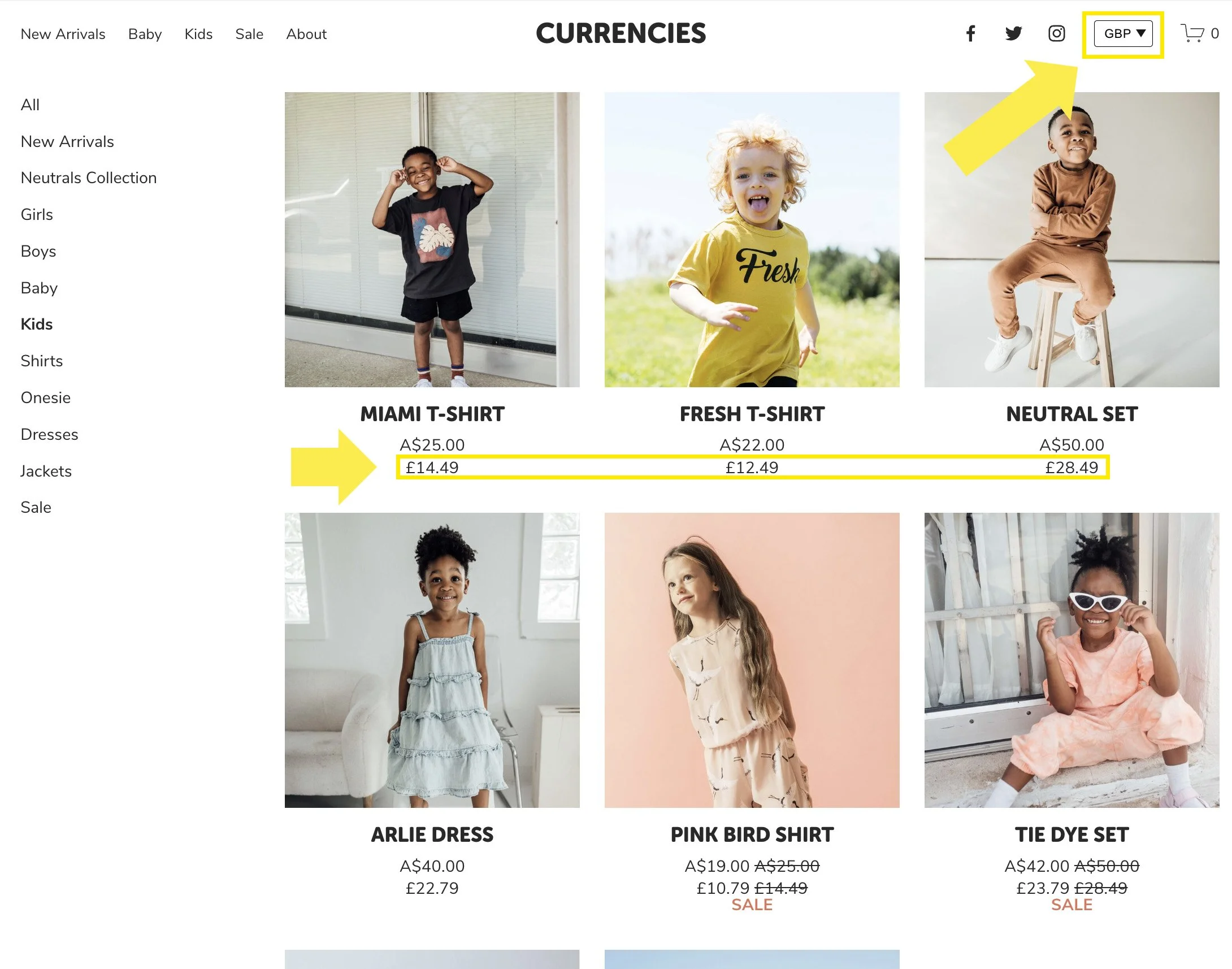 Screenshot of Currencies on Squarespace website