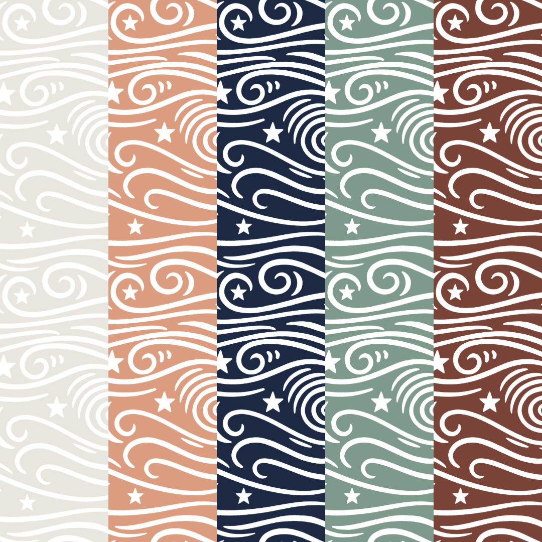 A pattern of white swirling lines evocative of blowing wind, with stars, on five different background colors.