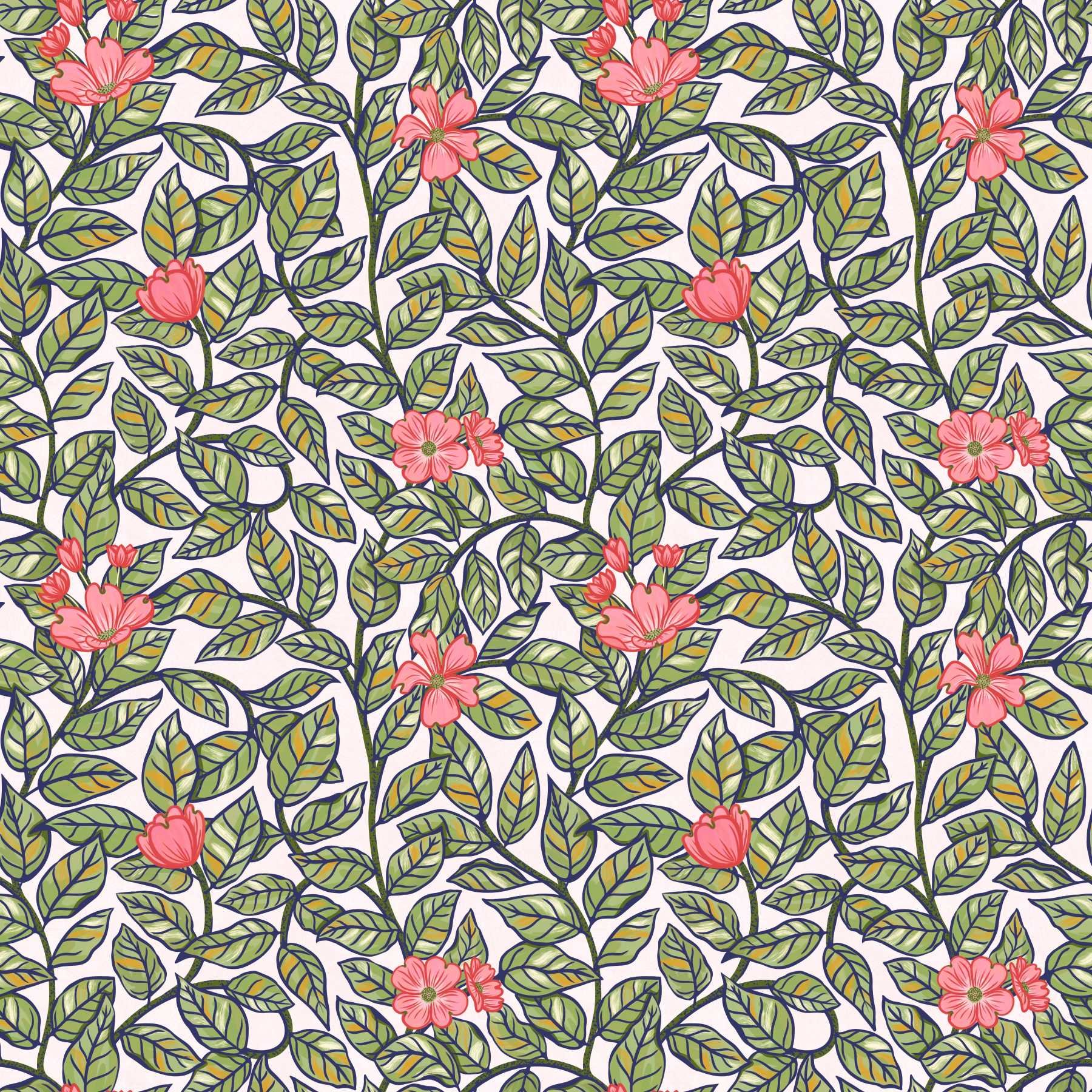 A seamless pattern of climbing green leaves outlined in navy blue with pink dogwood blossoms.