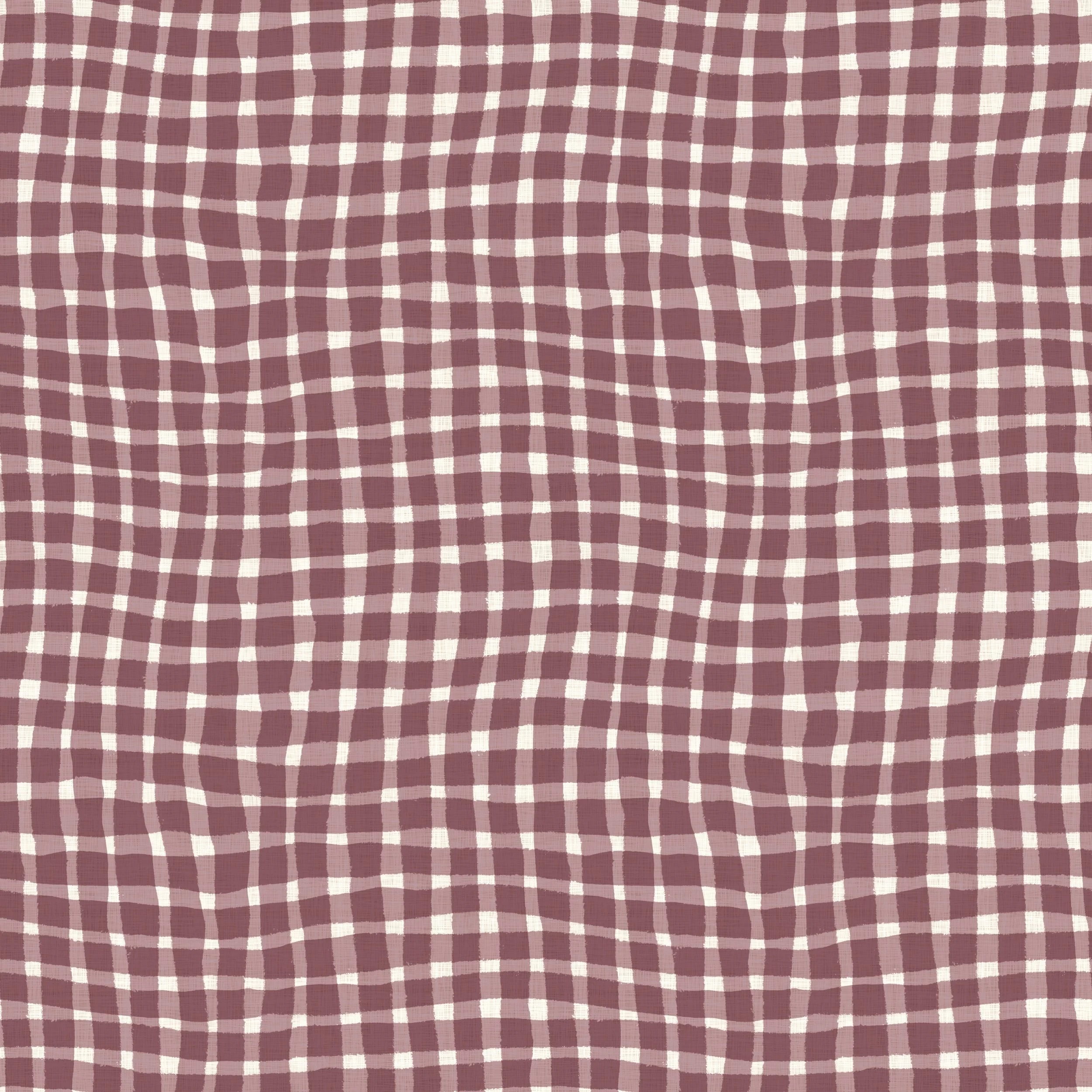 An irregular hand drawn plaid pattern in muted plum on white.