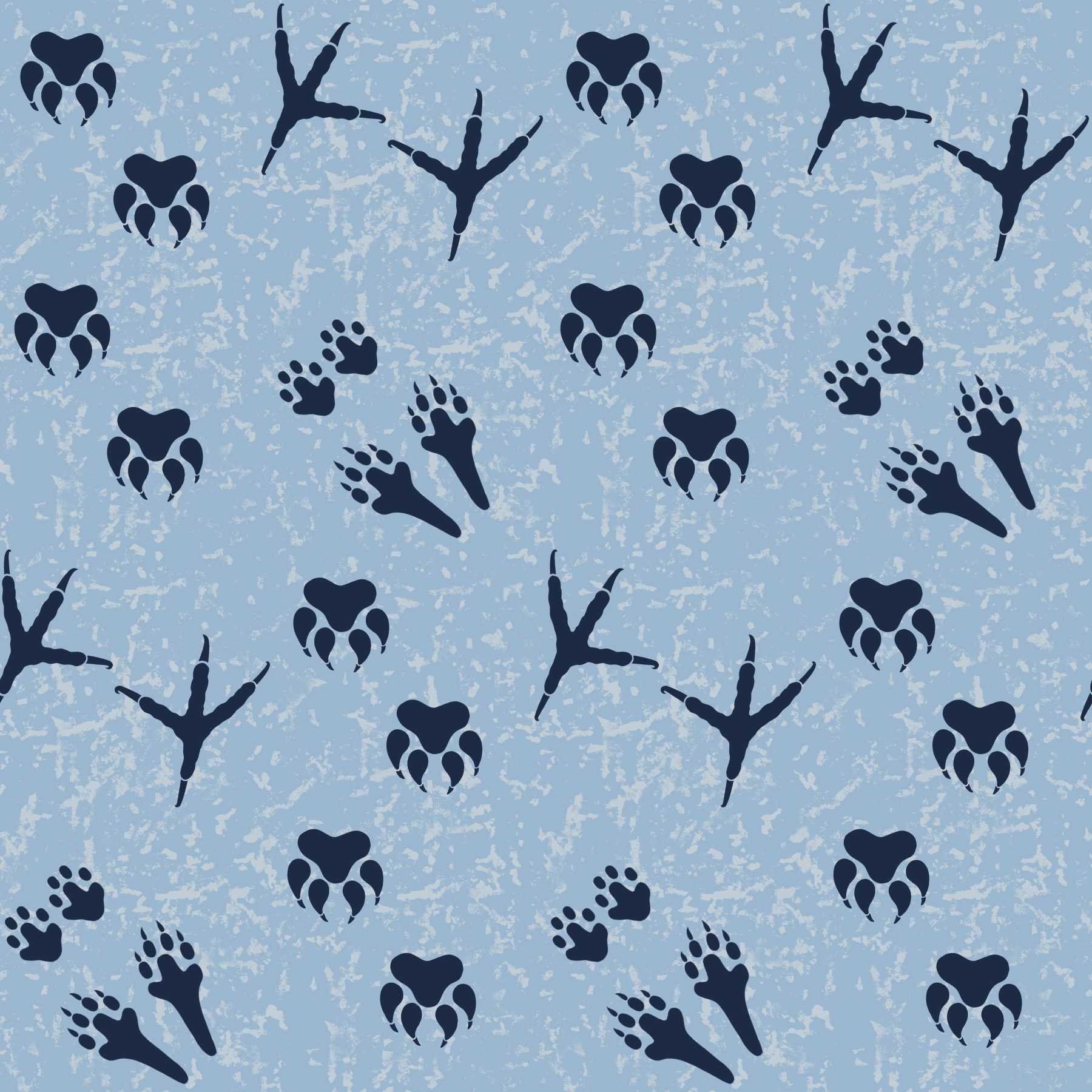 A pattern of fox, rabbit, and owl footprints in navy blue on a textured light blue background.