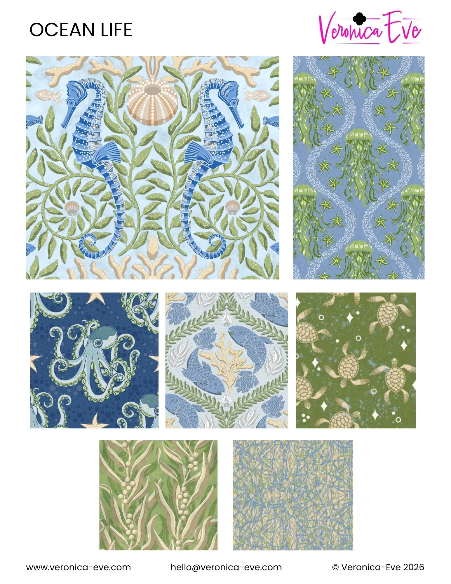 A tear sheet of a collection of designs called "Ocean Life" showcasing intricate patterns: blue seahorses, green jellyfish, octopus, shells, turtles, seaweed, and woven nets. Calm and detailed.