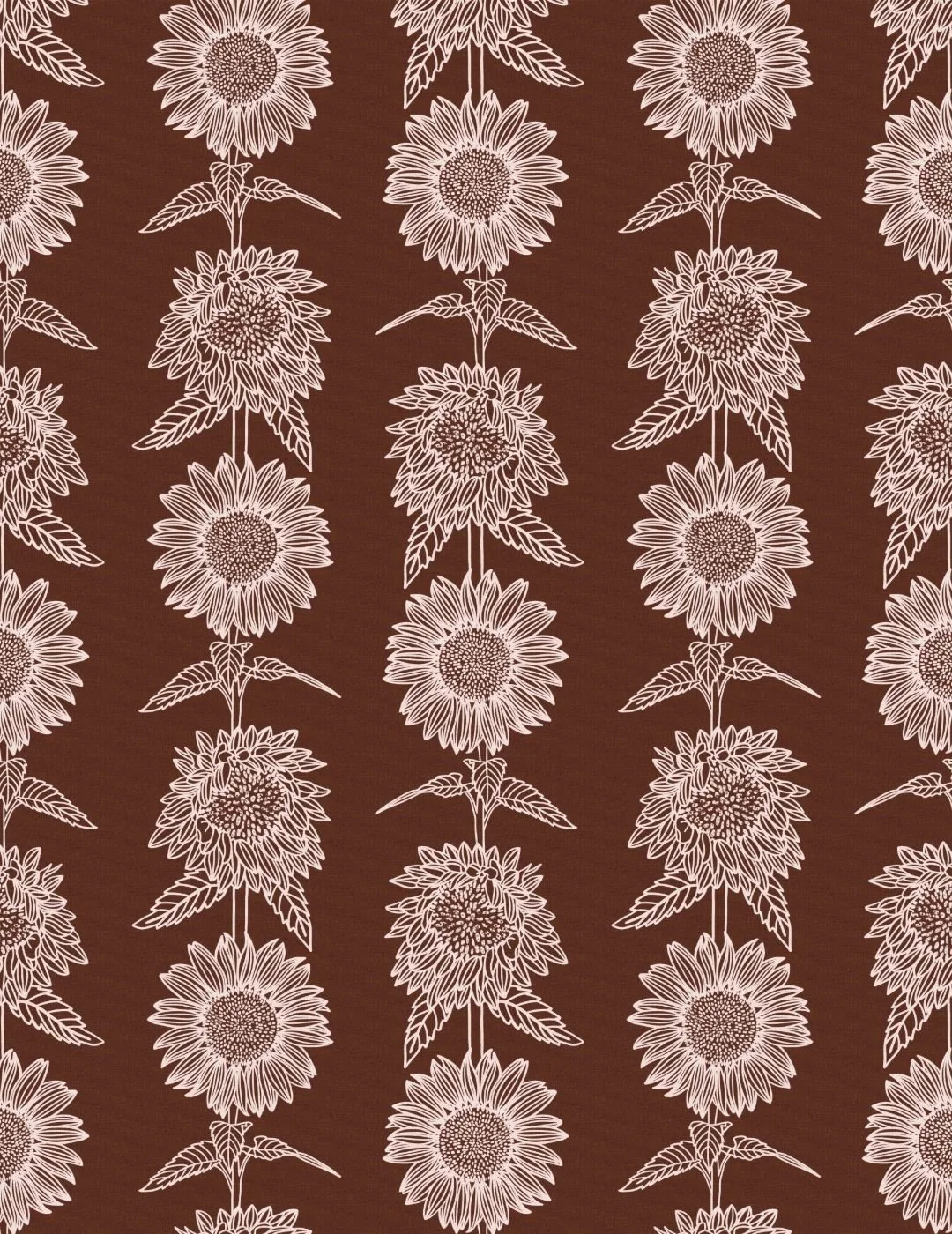 Pattern of pale pink sunflower outlines on a brown background. The sunflowers are arranged in vertical rows, creating a repetitive, natural motif.