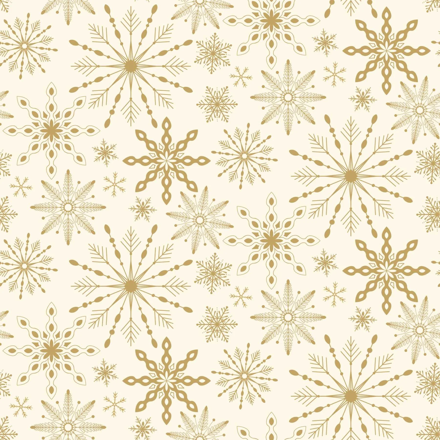 Repeat pattern of a variety of gold snowflakes scattered on a cream background.