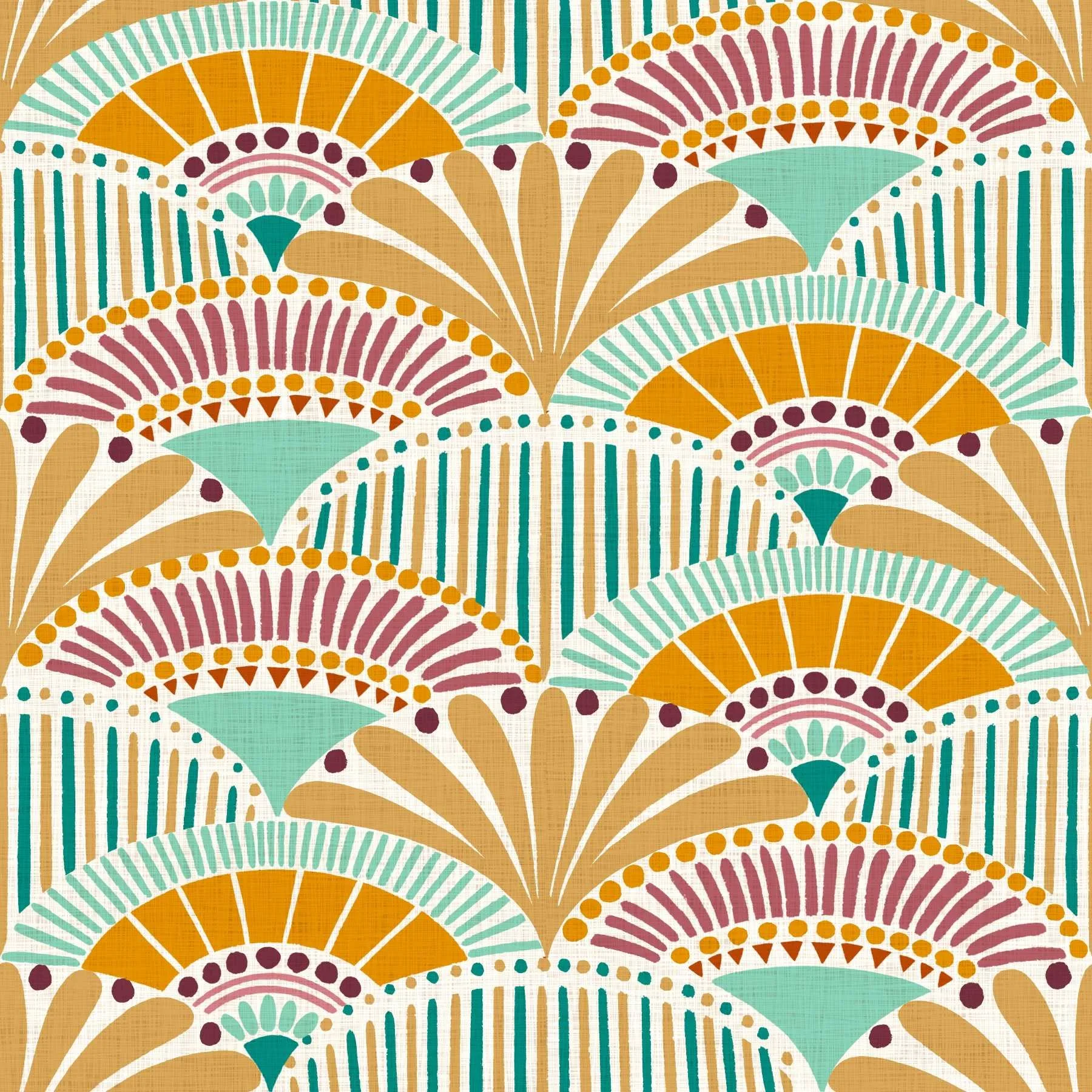 A retro geometric pattern featuring fan-shaped arcs in teal, mustard, and maroon, with dotted and lined accents, creating a vibrant, playful design.
