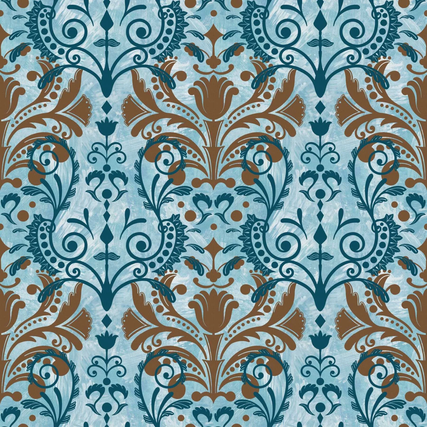 A seamless pattern of ornate ornamental motifs on a background of painted brush strokes.  The artwork is in shades of turquoise, bronze and white.