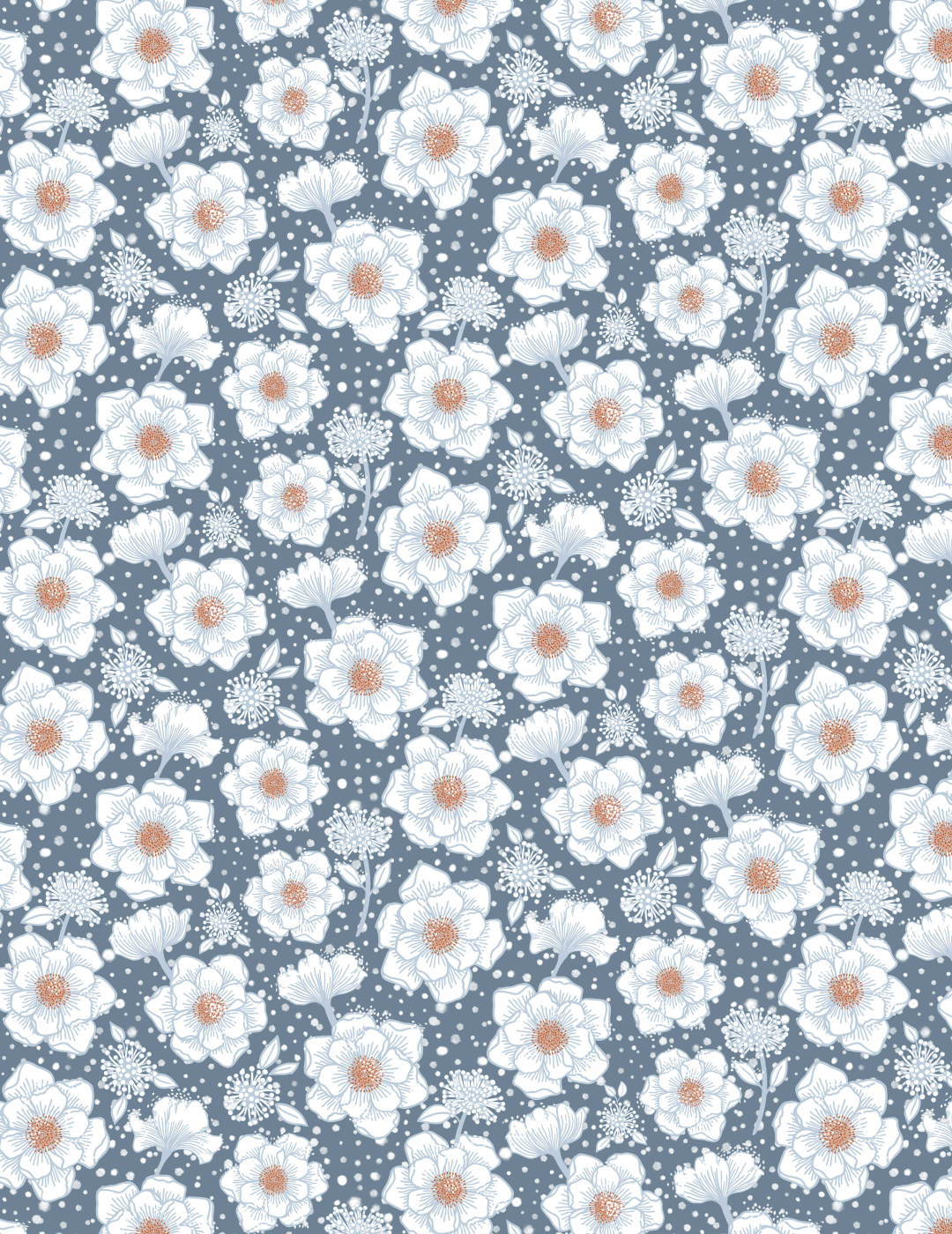 A floral pattern of white flowers and falling snow on a dusty blue background.