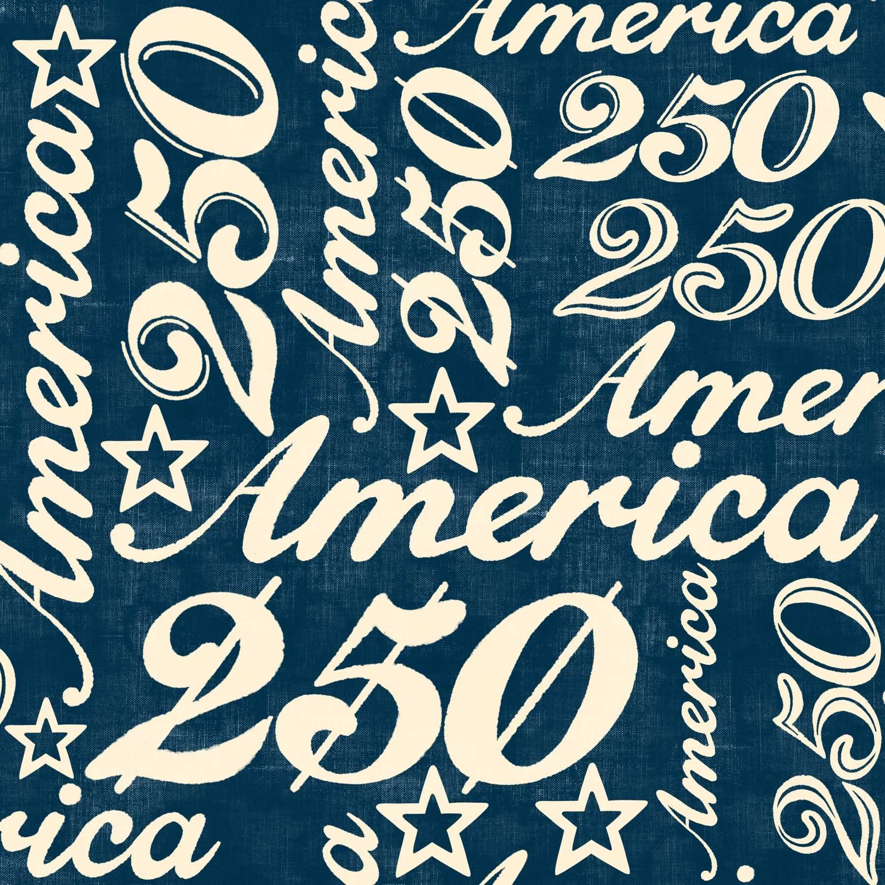 Stylized text pattern featuring "America" and "250" with stars in cream on a textured blue background. Vintage, celebratory tone.