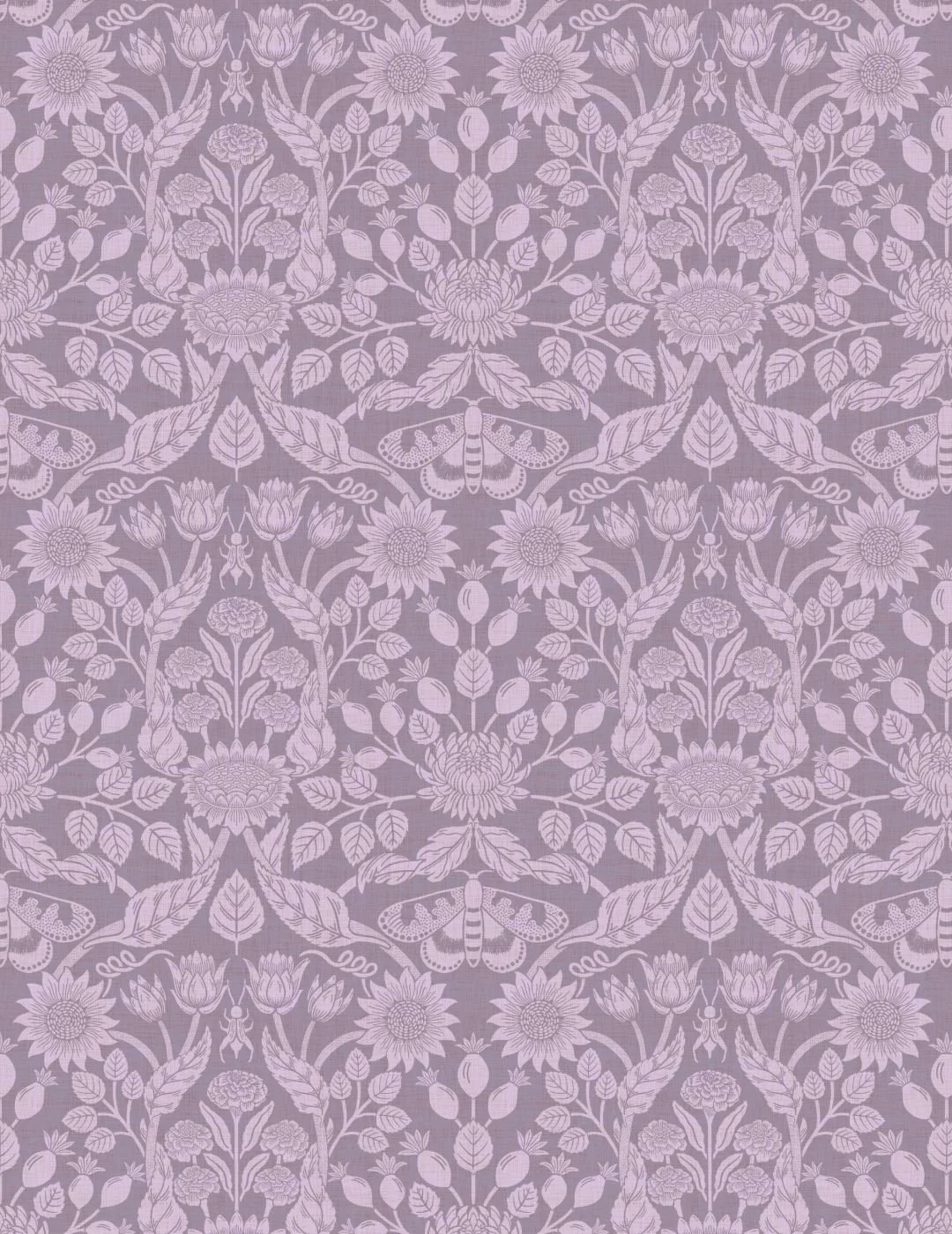 Purple floral pattern with symmetrical design features moths, blooming flowers, and leaves, creating an elegant and vintage feel.