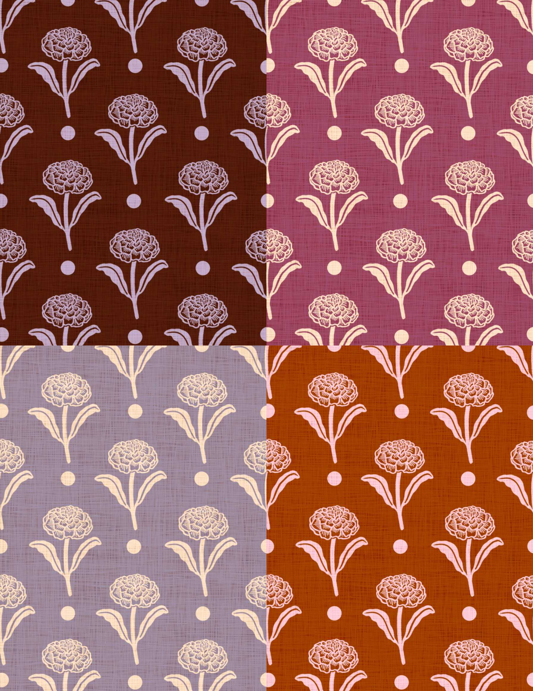 Block print style marigolds with small dot accents, shown in four colorways: brown, rose, lavender, and deep orange.