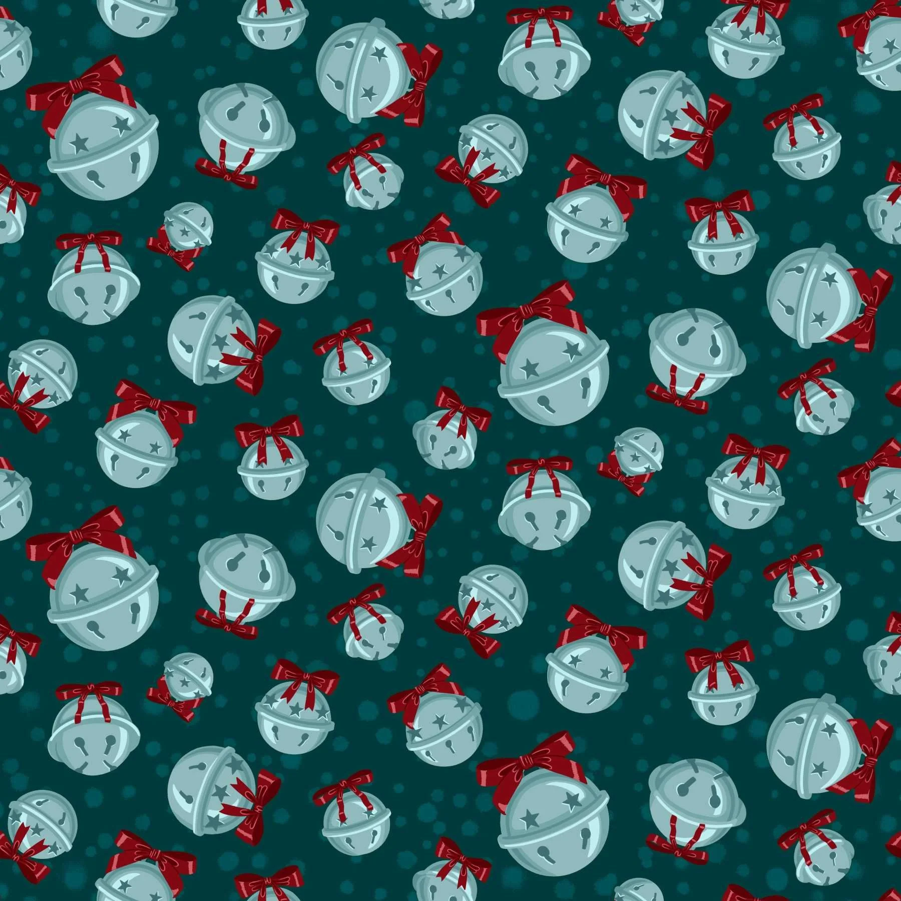 Tossed pattern of silver jingle bells with red ribbon bows in varied sizes on a deep teal dotted background.