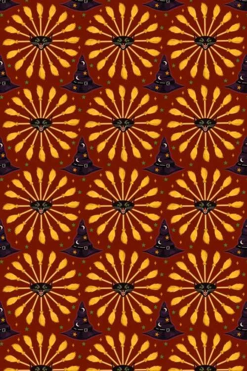 A seamless repeat pattern featuring cats heads on top of broomstick pinwheels.  Dark purple witch hats with star and moon symbols sit between the pinwheels and are surrounded by sparkles.  The design has a deep red background.