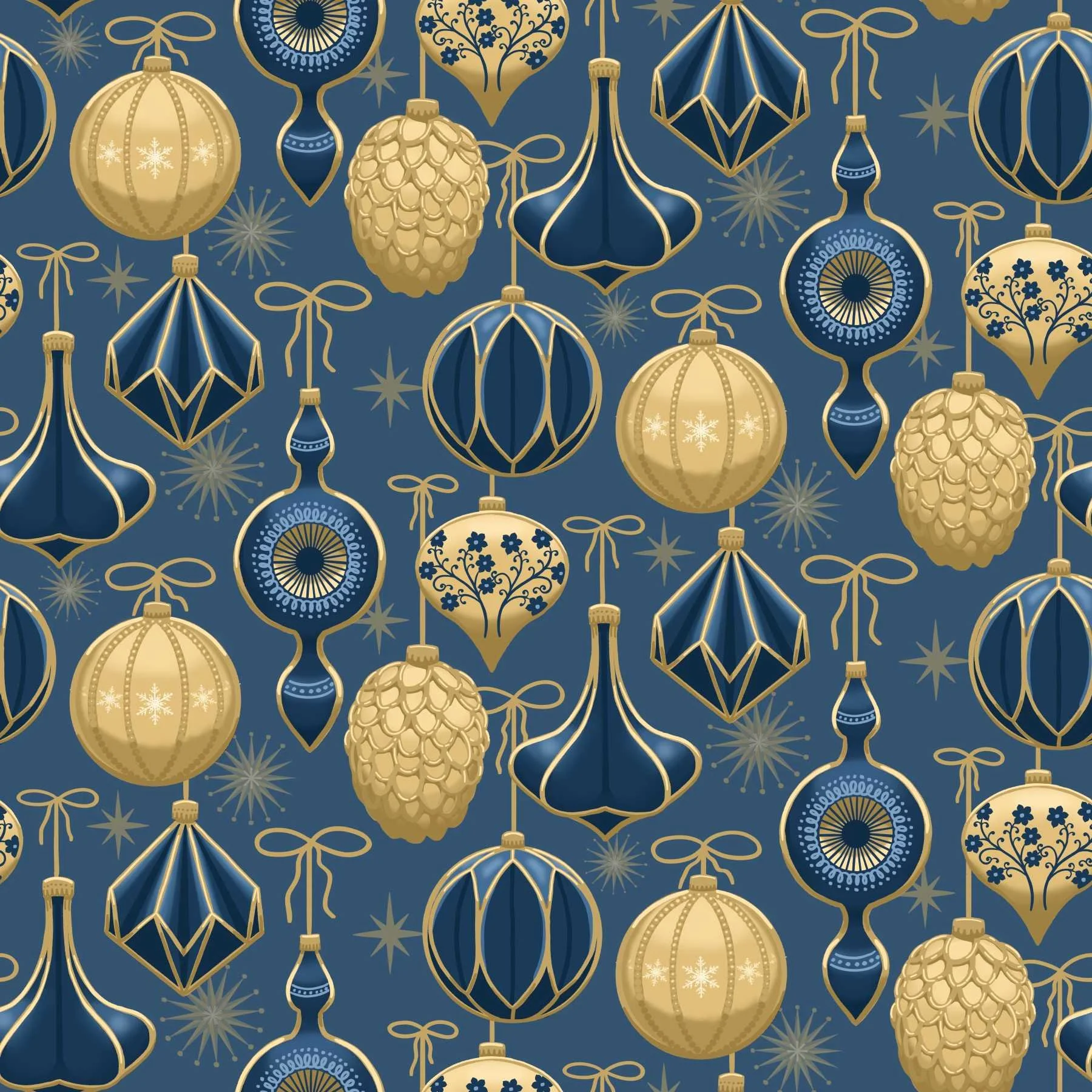 Repeating pattern of hanging Christmas ornaments in navy and gold — spheres, pinecones, teardrops, and geometric shapes — with gold starburst accents on a steel blue background.