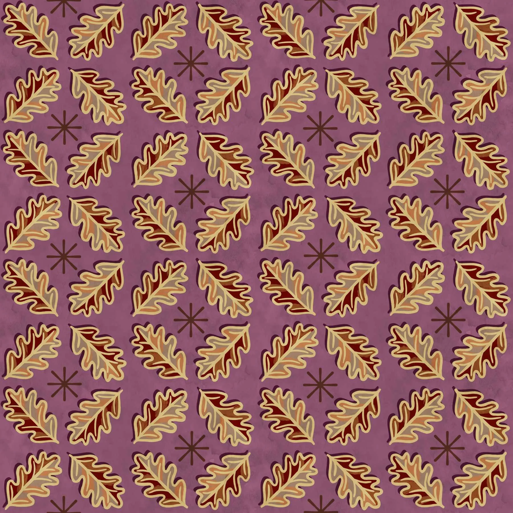 Rows of oak leaves in maroon, rust, and tan alternating with small brown star accents on a mauve background.