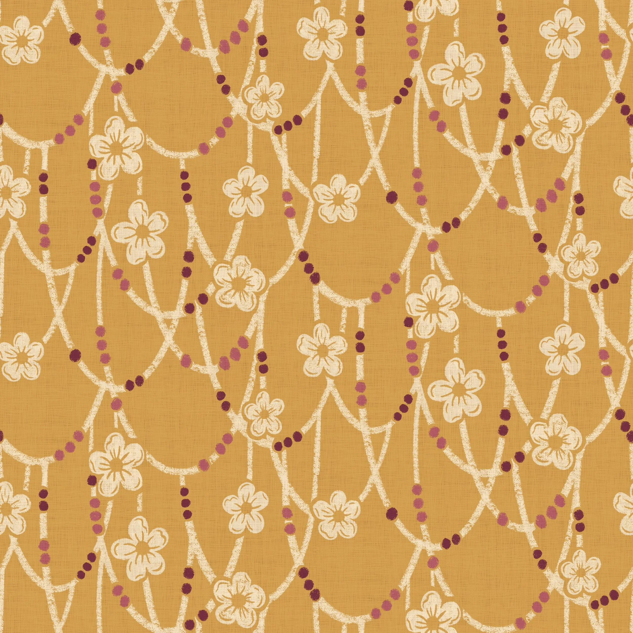Golden yellow background with cream floral patterns and maroon dotted swirls, conveying a warm, vintage feel.