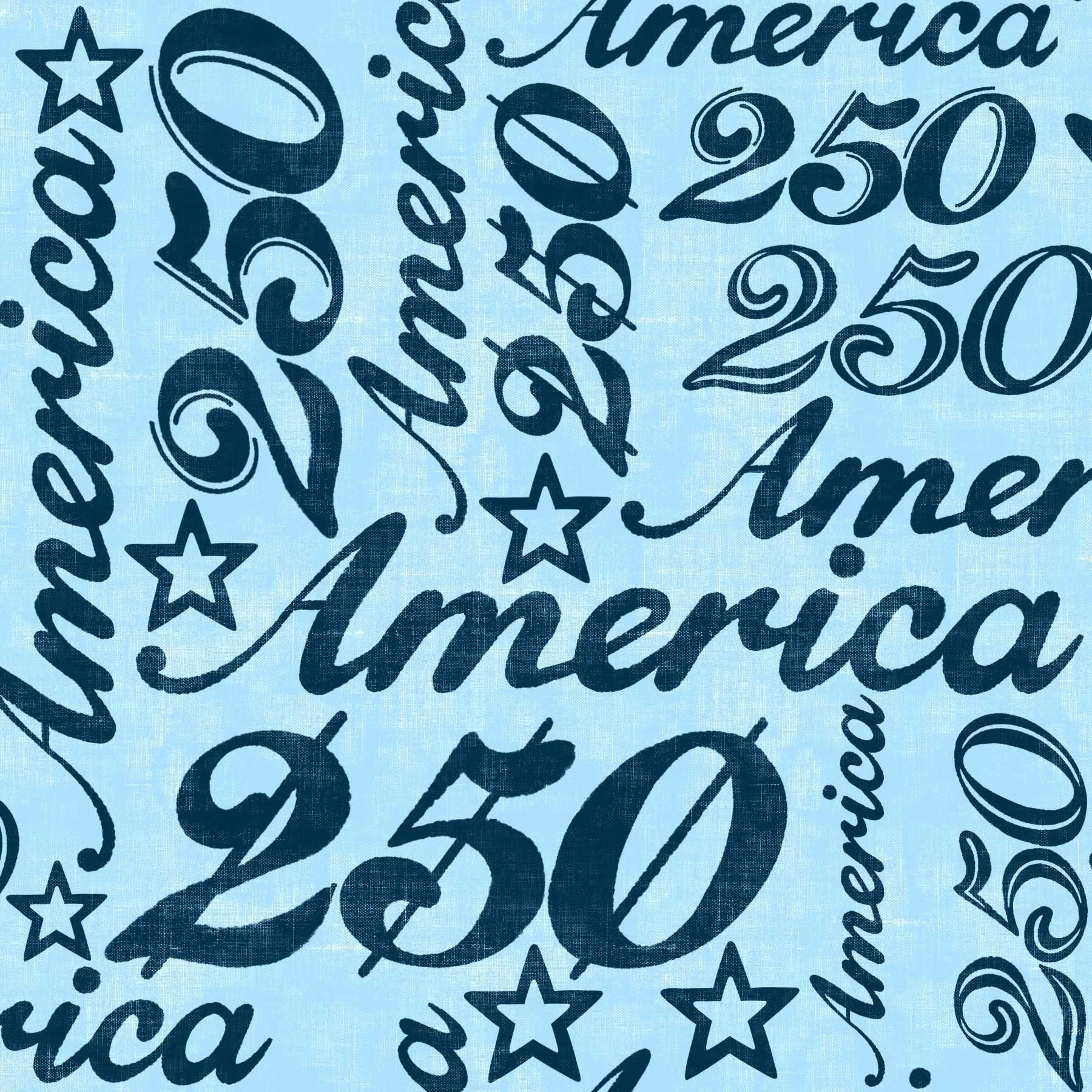 Stylized text pattern featuring "America" and "250" with stars in navy blue on a textured light blue background. Vintage, celebratory tone.