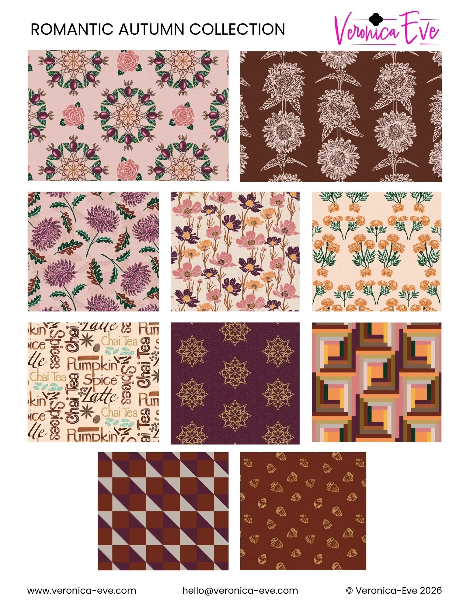 A tear sheet for the Romantic Autumn collection featuring fall florals, quilt geometrics, and acorn botanicals in plums, golds, and warm browns