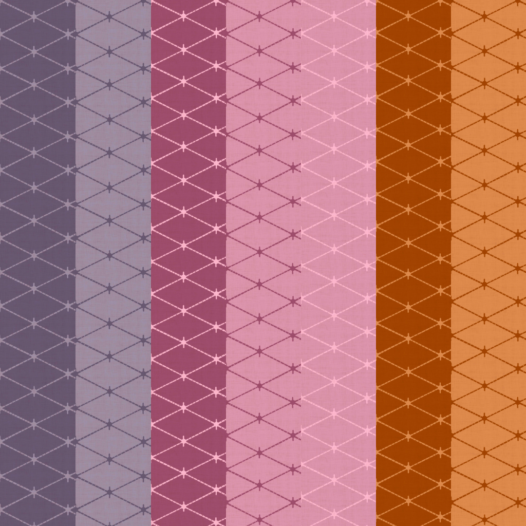 A pattern of horizontal diamond shapes with a faux stitched look available in purple, lavender, dark pink, medium pink, light pink, pumpkin orange, and light orange.