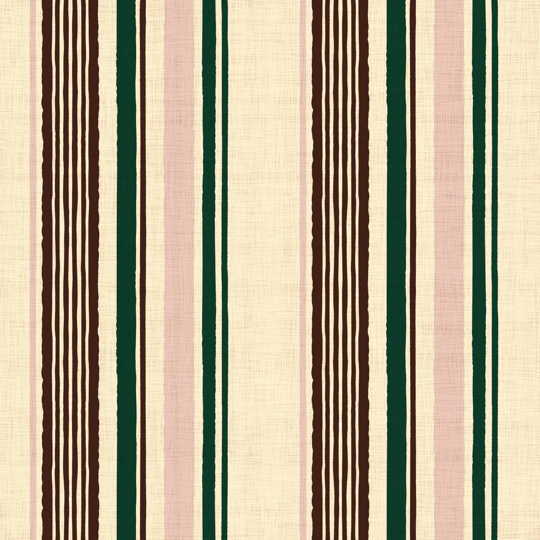 Vertical stripe pattern in green, brown, and dusty pink on a cream linen-textured background.