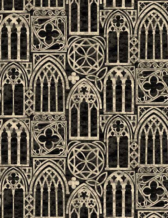 A seamless repeat pattern featuring gothic windows and architectural elements in cream on a mottled black background.  The design includes a grungy texture overlay, making it look old and spooky.