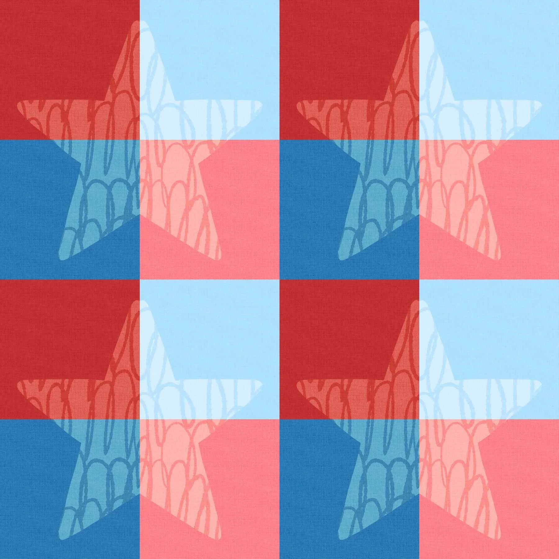 Repeating pattern of blue, red, and pink squares with overlapping stars. Each star has a subtle scribble-like texture, creating a bold, rhythmic design.