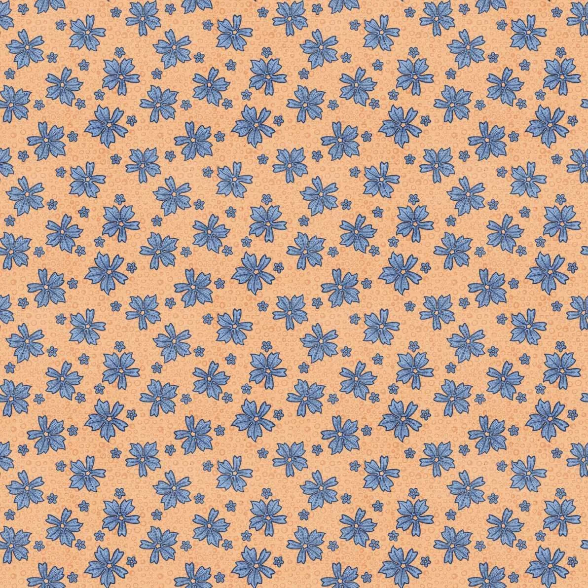 A seamless repeat pattern in and Arts & Crafts style, of scattered blue flowers on a textured peach background.