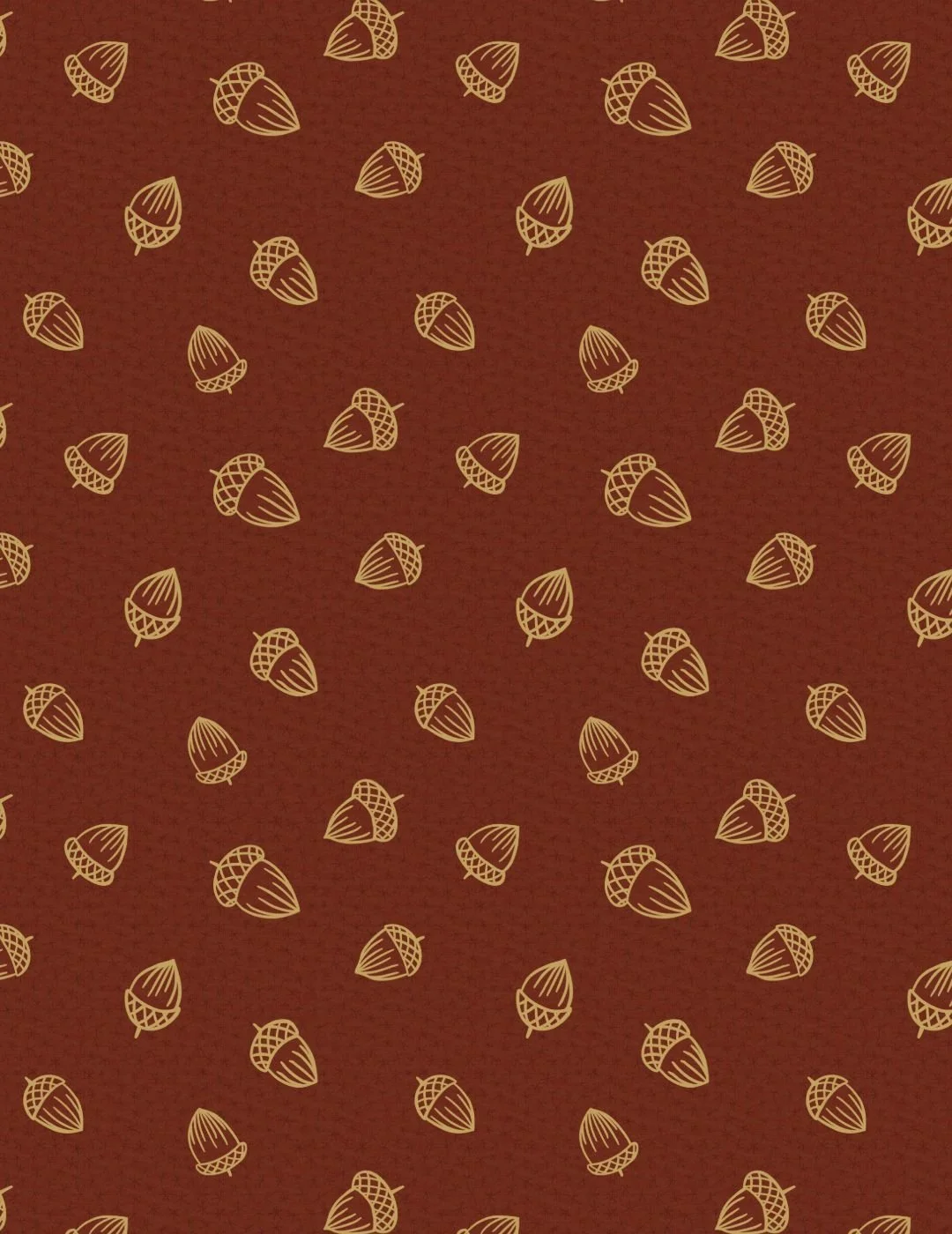 Patterned background with gold acorns scattered uniformly on a deep rust brown textured surface. The design conveys a warm, autumnal feel.