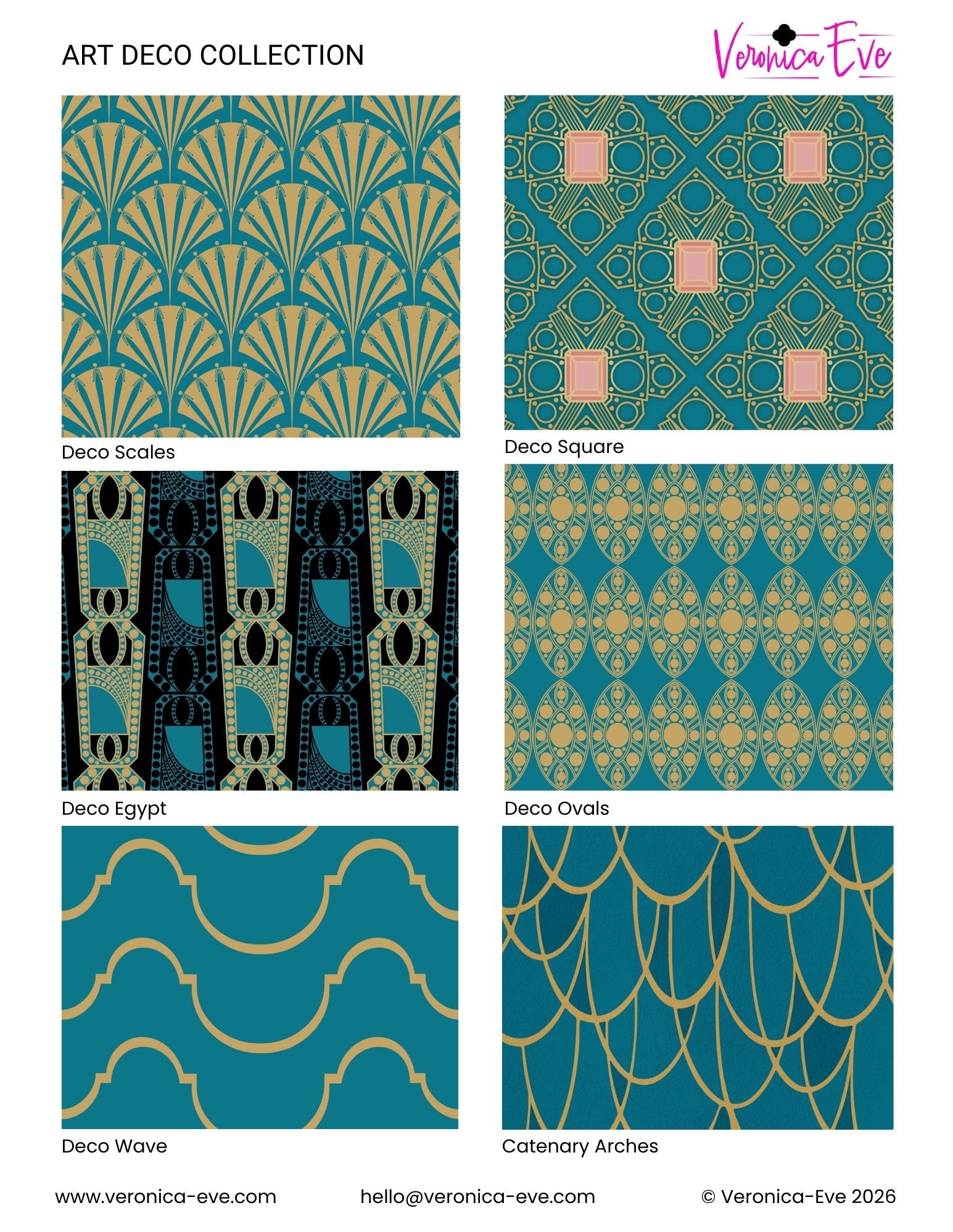 An image of a tear sheet featuring six art deco style designs in teal, gold, and black, by Veronica Eve.
