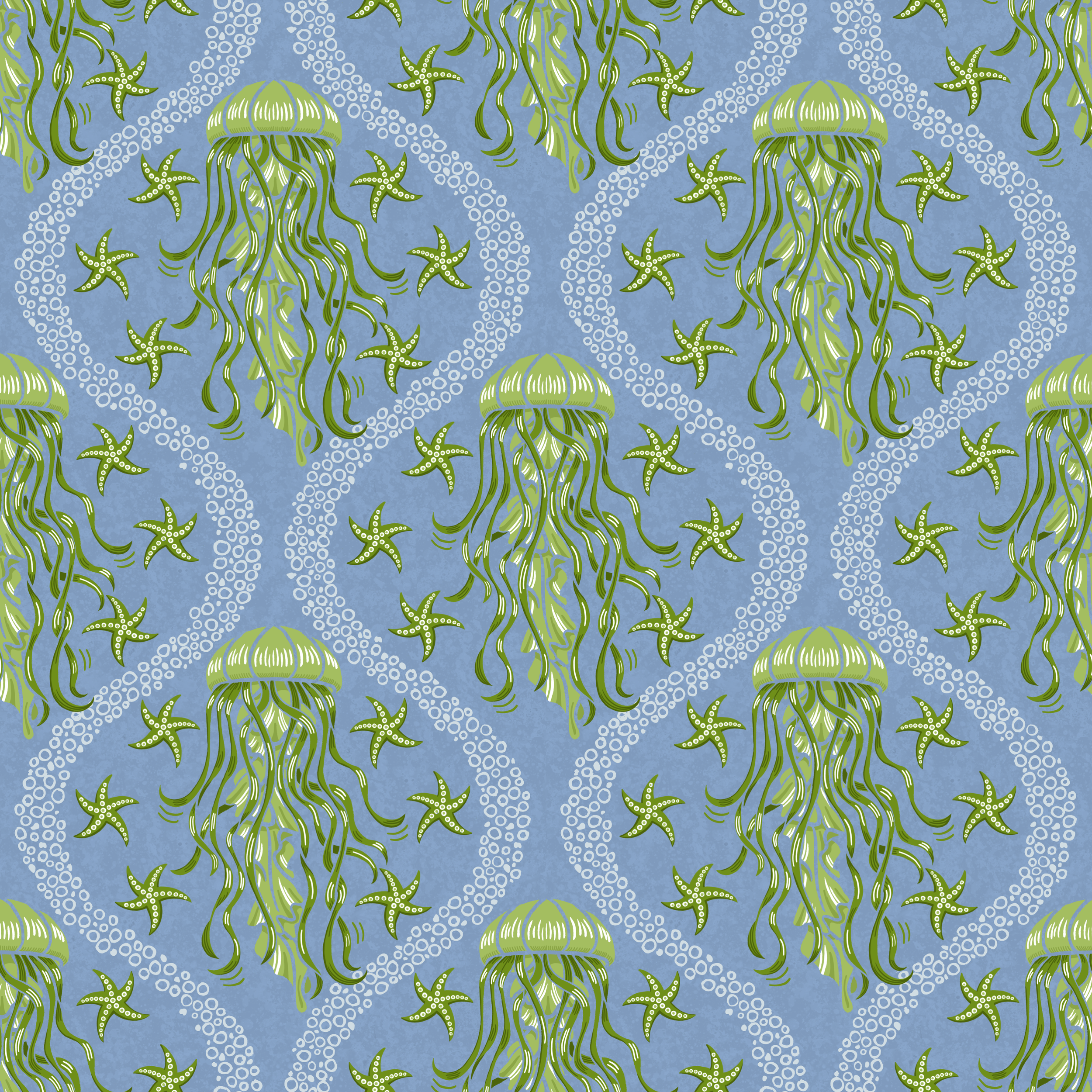 A pattern featuring green jellyfish and starfish surrounded by bubbles on an blue background.