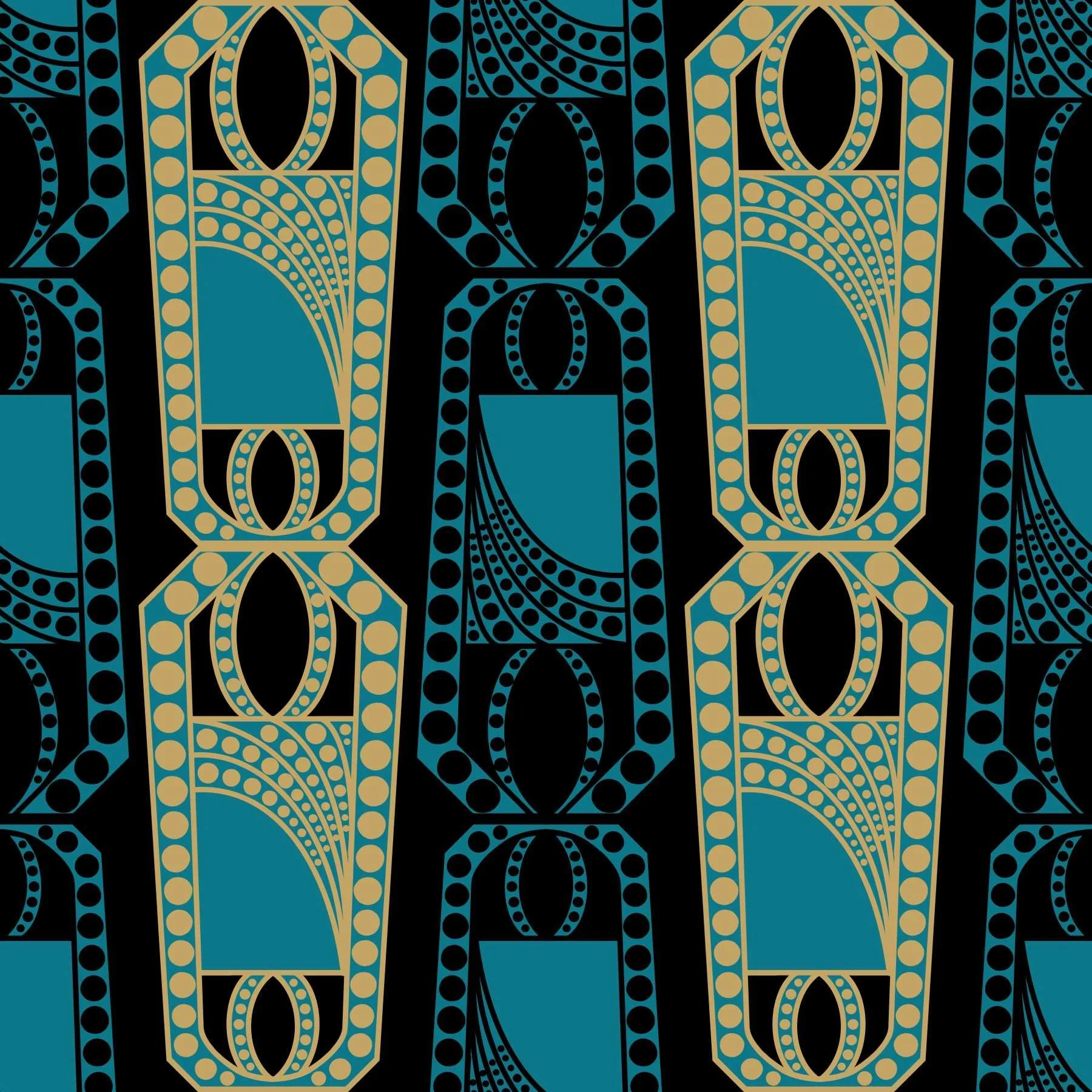 A seamless repeat pattern in an Art Deco style with an Eqyptian look in shades of teal and gold on black.