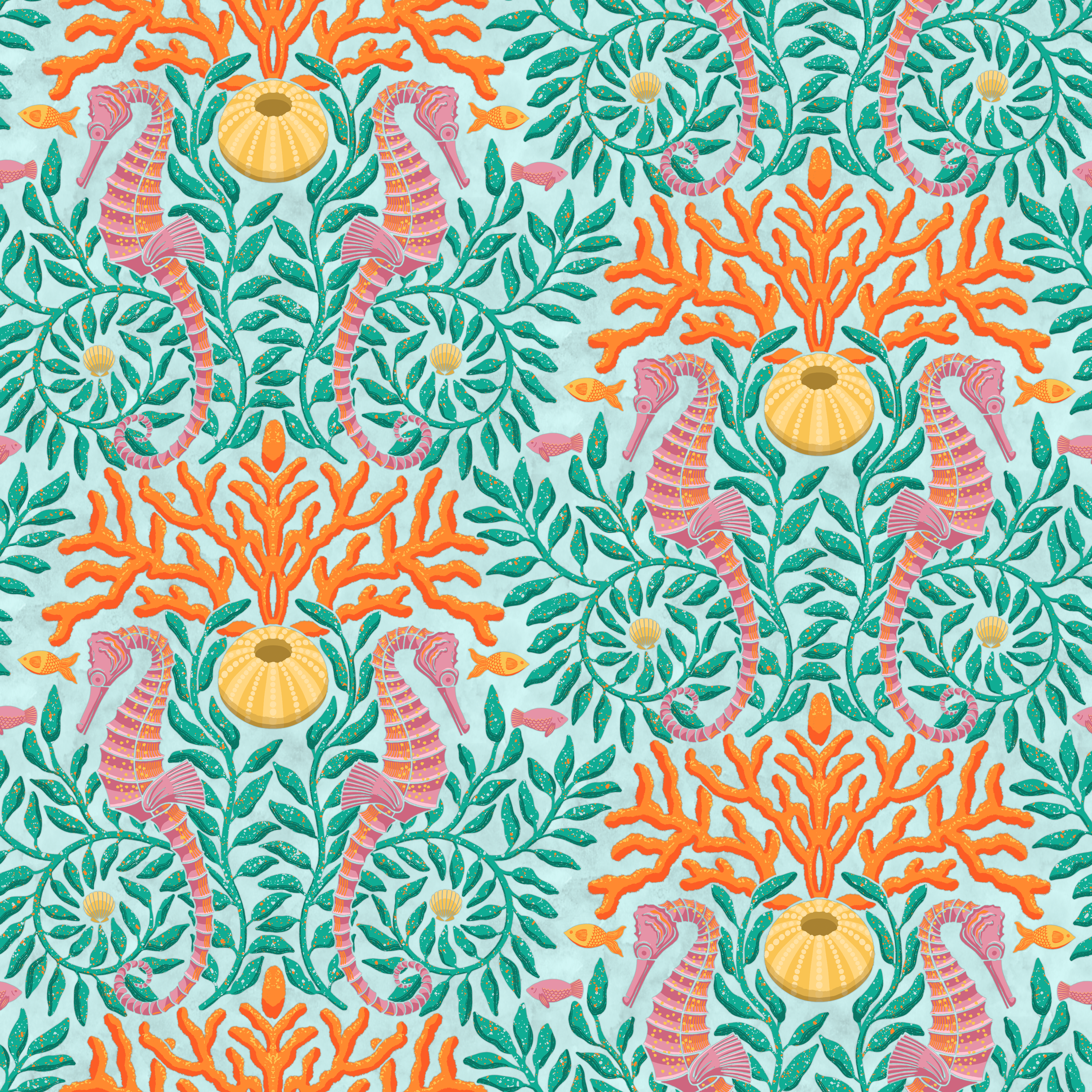 Illustrated pattern featuring two pink seahorses, back to back, surrounded by teal green seaweed, orange coral, shells, and small fish on a light teal background.