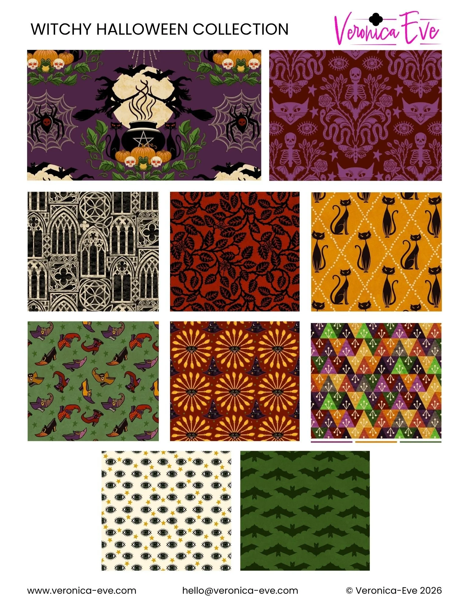 An image of a collection of 10 Halloween designs that include witches, broomsticks, cats, bats, eyes, and more in purple, red, yellow, orange, green, and cream.