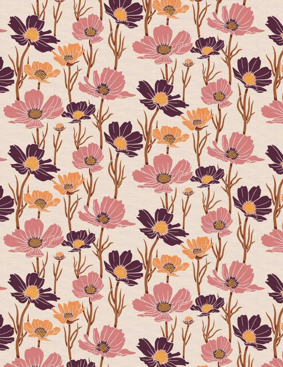Pattern of stylized cosmos flowers in shades of pink, orange, and dark purple with brown stems on a beige background; evokes a retro, cheerful feel.