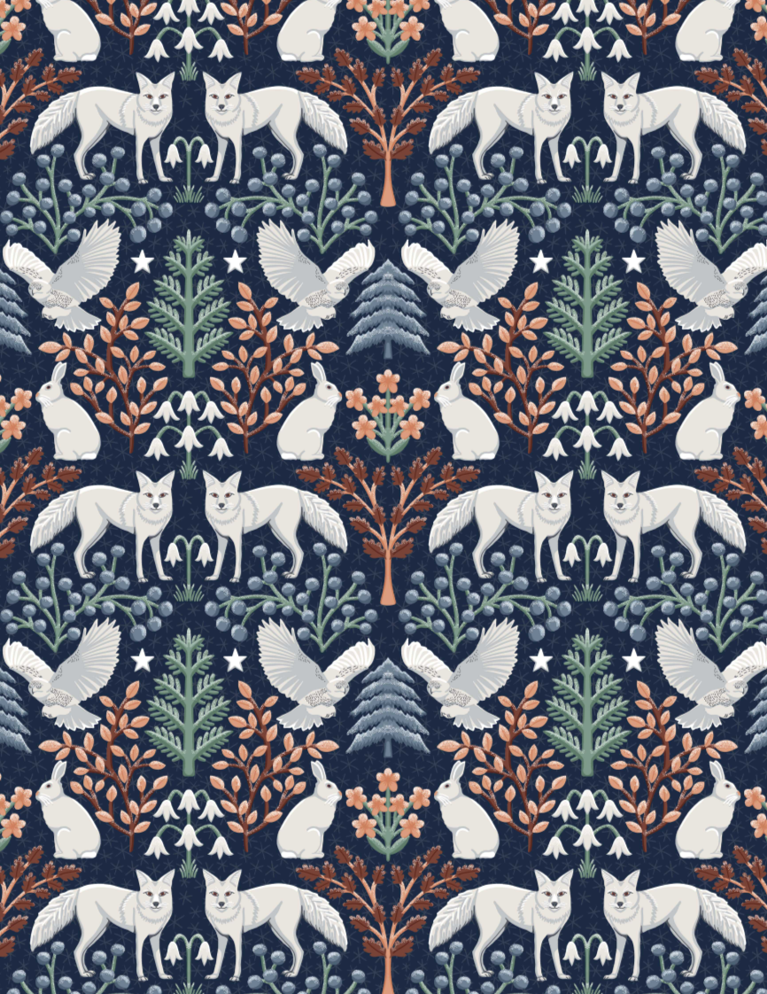Seamless dark blue botanical pattern featuring white foxes, owls, rabbits, evergreen trees, flowers, and stars in a whimsical woodland design.