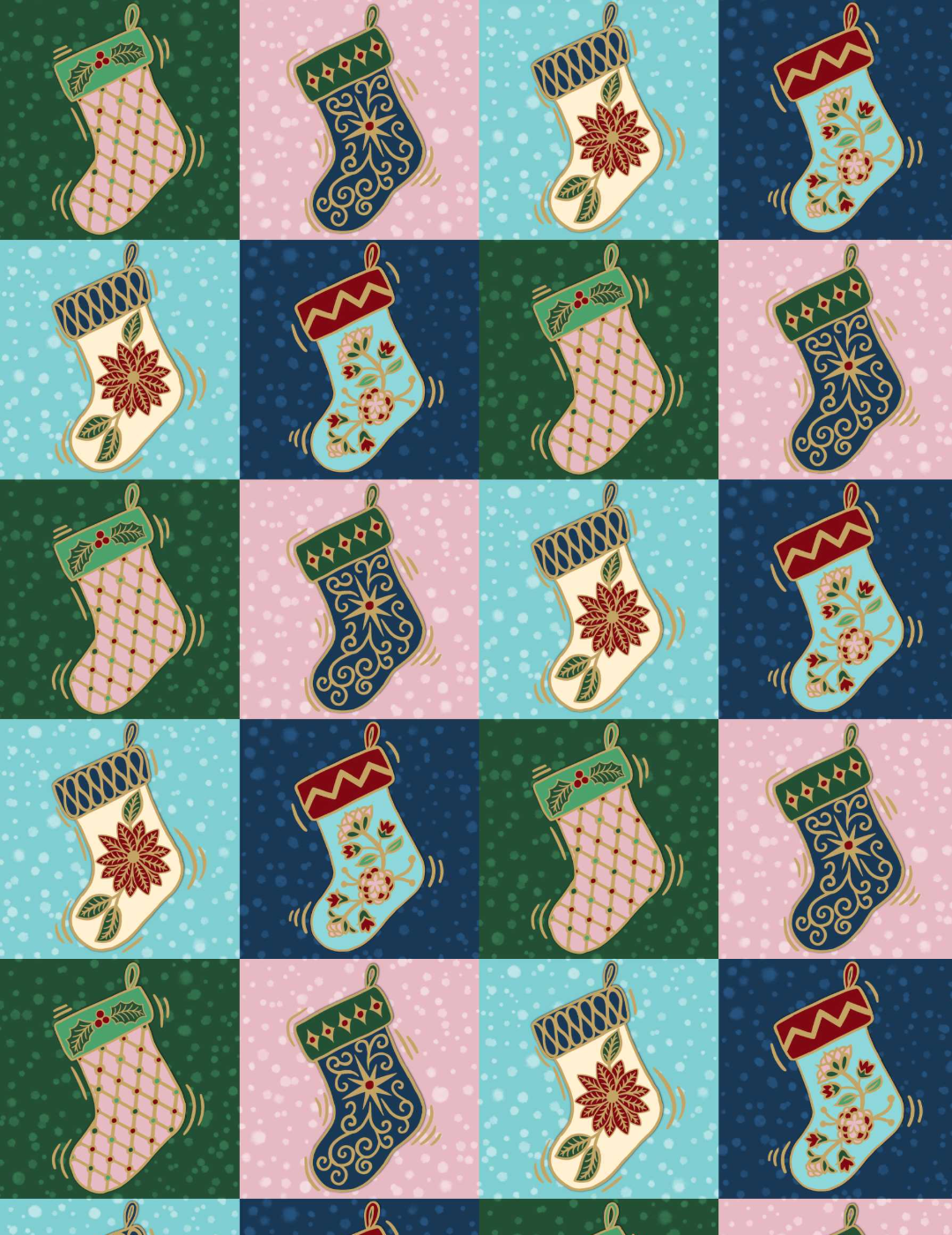 Checkerboard pattern of four decorative Christmas stockings with embroidered motifs on alternating green, pink, aqua, and navy blue snowy backgrounds.