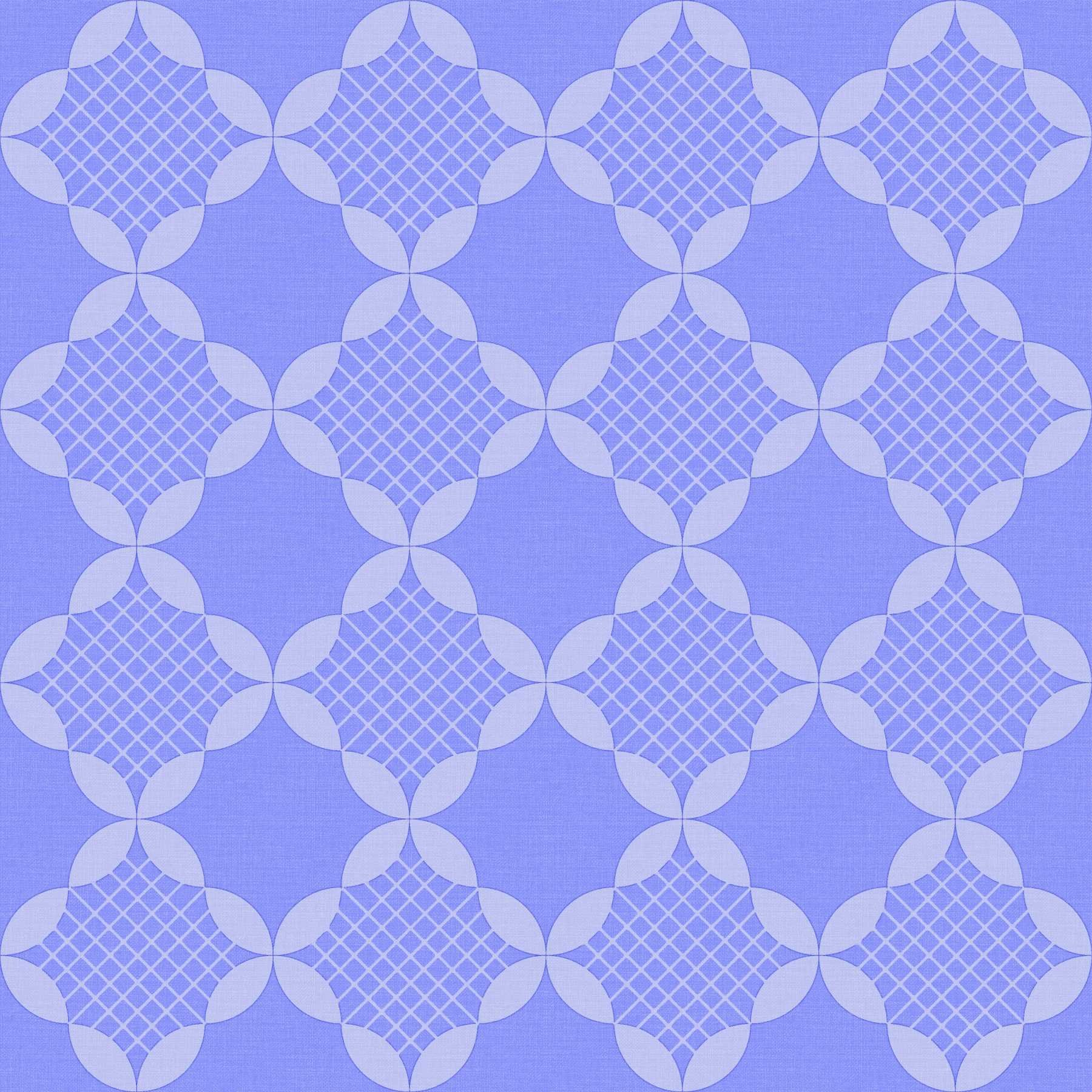 Grandmillennial lattice pattern in periwinkle blue featuring interlocking quatrefoil motifs with delicate crisscross details, evoking a vintage quilt-inspired charm with a modern twist.