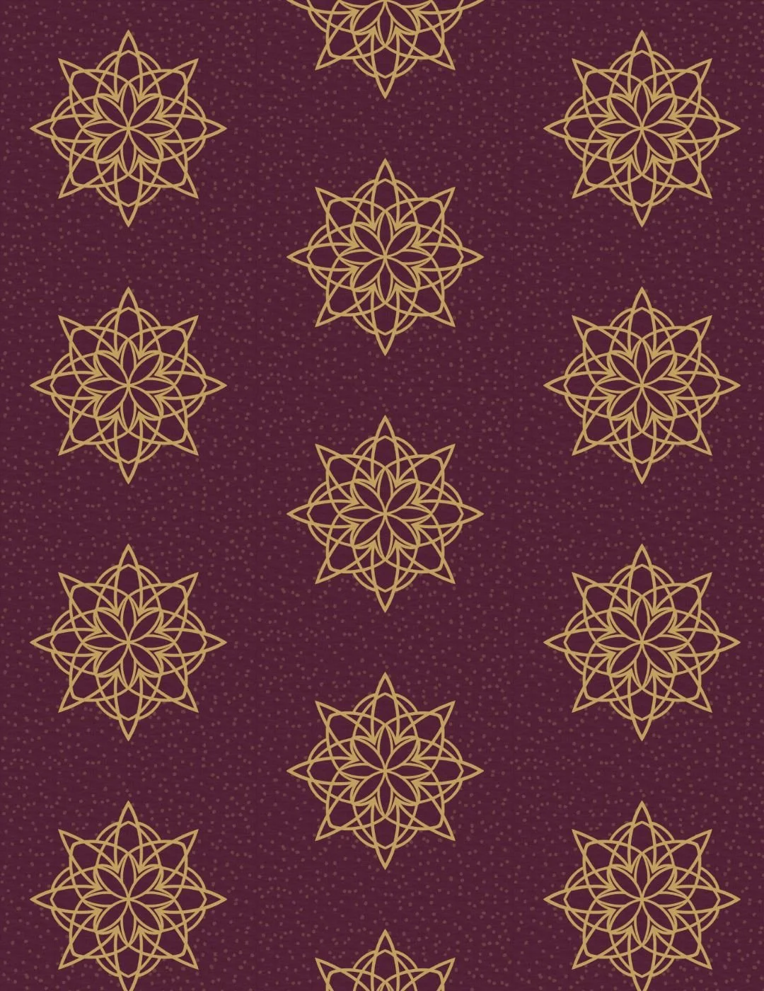Repeating golden mandala patterns on a dark purple background with tiny dots, creating an elegant and symmetrical floral design.