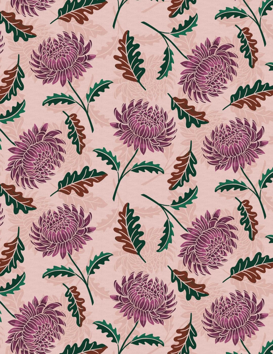 Pattern of purple chrysanthemums with green and brown leaves on a soft pink background. The design is symmetrical, creating a vibrant, floral motif.