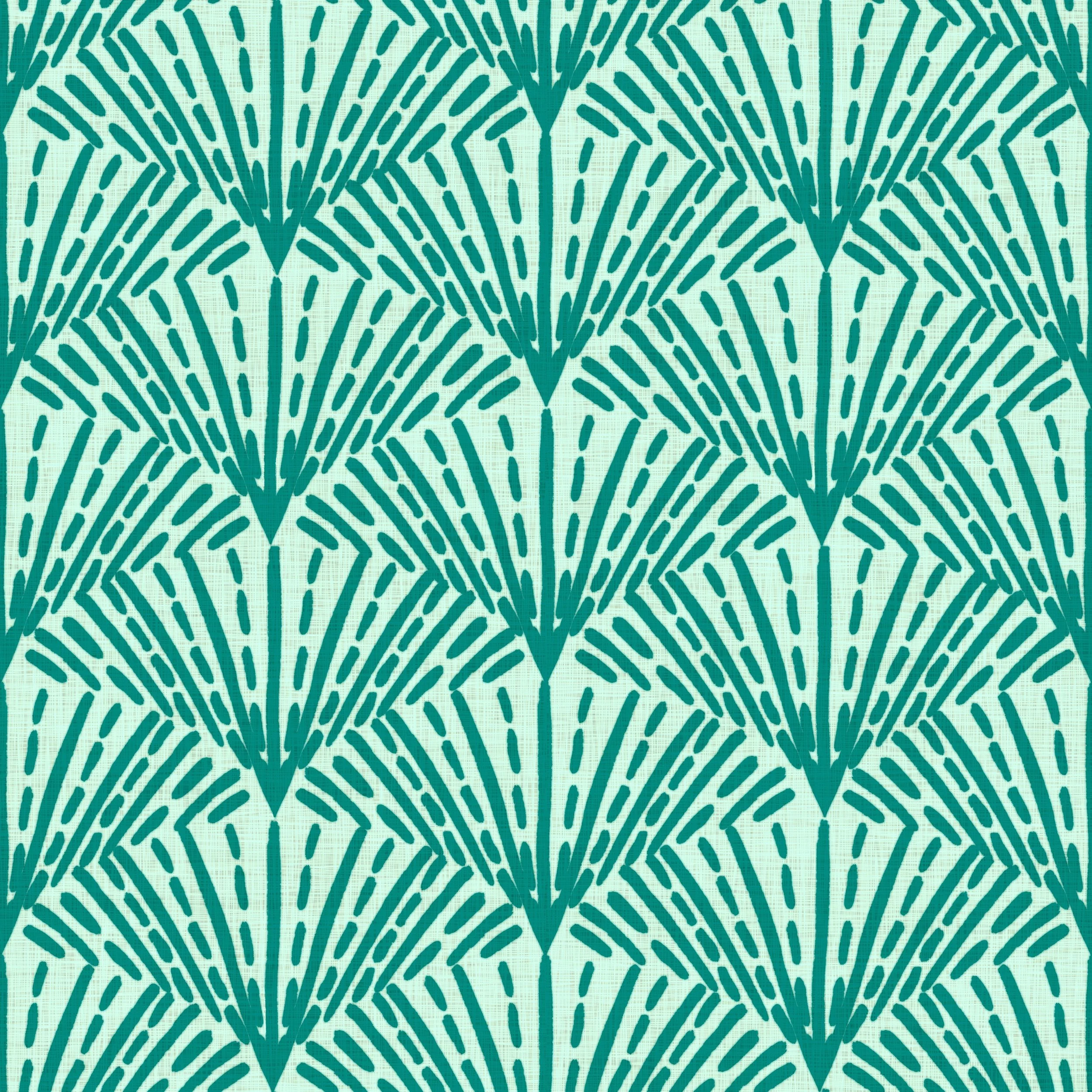 Art Deco pattern with teal geometric shapes resembling fans on a light teal background. The design is symmetrical and creates a retro, elegant feel.