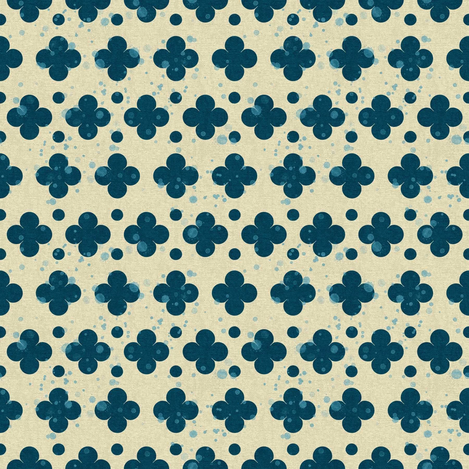 A seamless pattern of dark teal quatrefoils in dark teal with light teal splatter marks on a cream background.