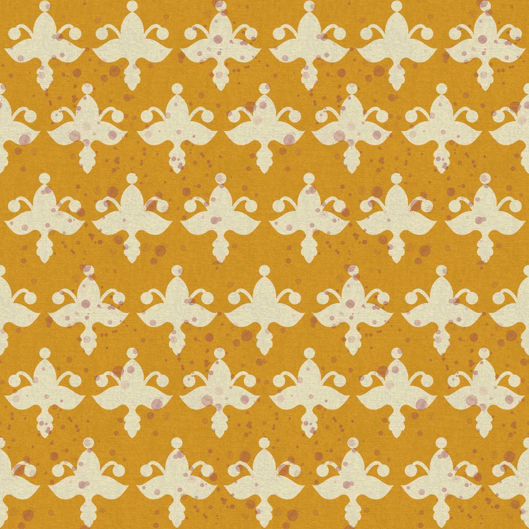 A seamless pattern of cream colored stylized fleur de lis with pink splatters on a golden yellow background.