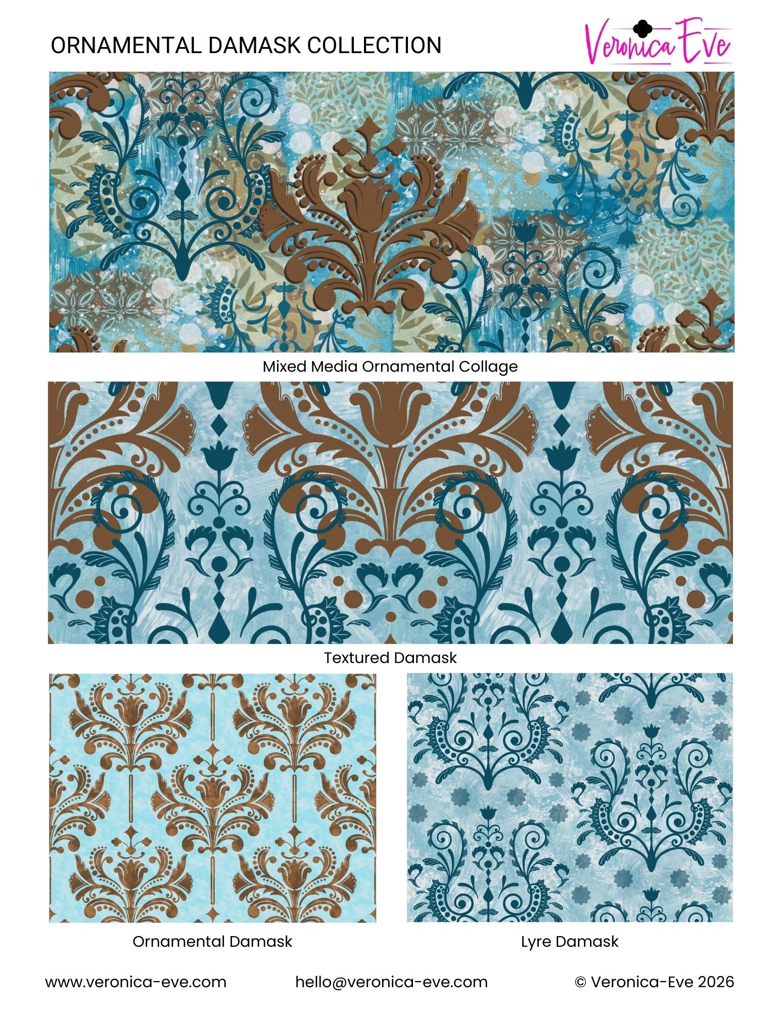 A pattern tear sheet featuring four intricately detailed patterns in layered shades of turquoise and bronze.  This is the Ornamental Damask Collection by Veronica Eve.