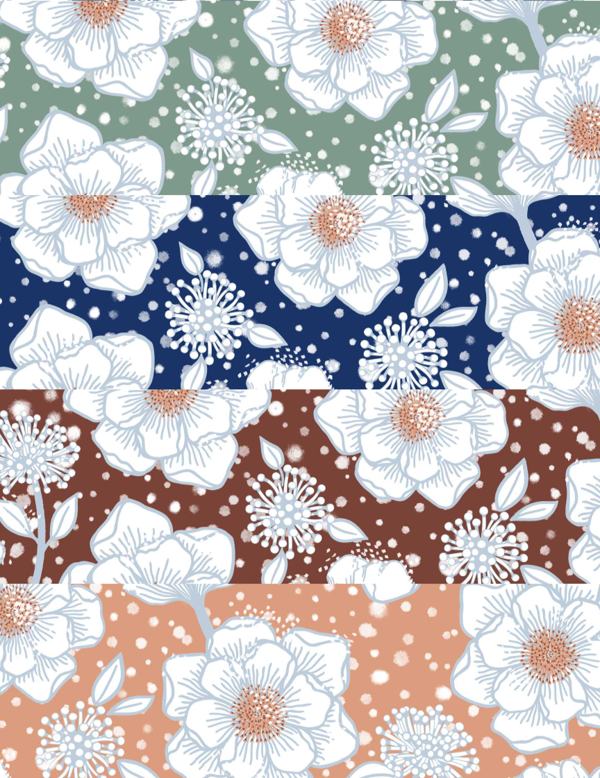 An image of a pattern of white flowers and falling snow on backgrounds of green, blue, brown, or peach.