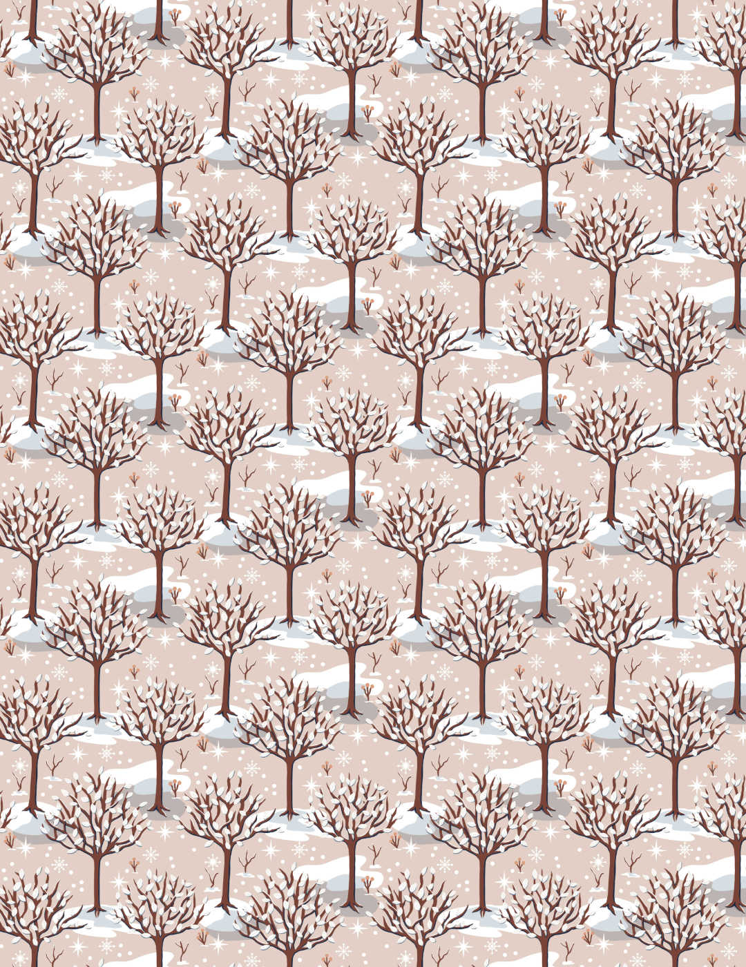 A pattern of brown winter trees with white leaves on a muted peach background with white snowdrifts, snowflakes, and sparkles.