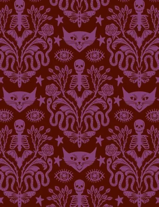 Gothic pattern with purple skeletons, cats, snakes, roses, and stars on a dark red background. The design is symmetrical, creating a mysterious, eerie tone.