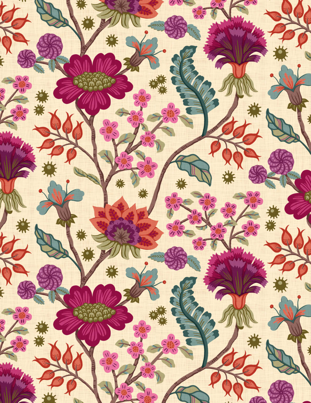 A detailed traditional chintz style pattern featuring a cream background and richly colored stylized floral and botanical motifs in shades of purple, pink, orange, and green.